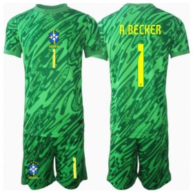 Brasilien Alisson Becker #1 Målvakt Hemmakläder Barn Copa America 2024 Kortärmad (+ Korta byxor)